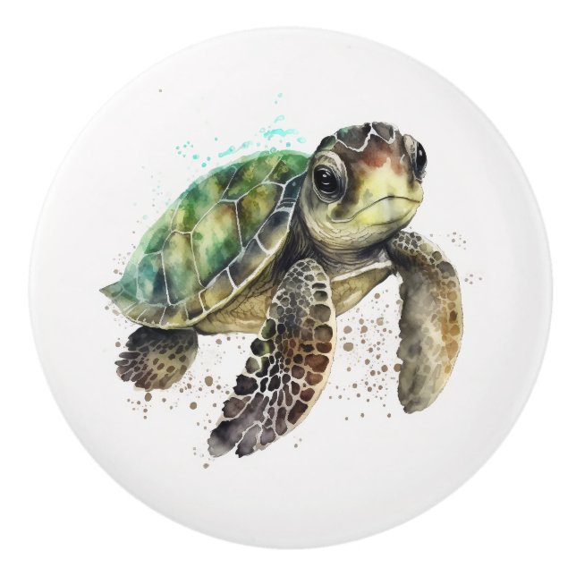 Turtle in Watercolor Ceramic Knob (Front)