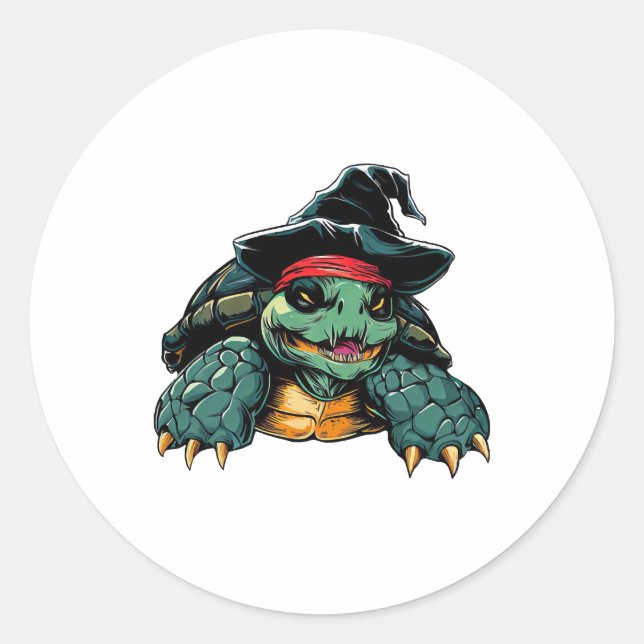 Turtle in Witch Hat Halloween Spooky Fun Classic Round Sticker (Front)