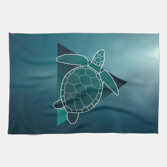 Turtle Lover Green Geometric Turtle Tea Towel (Horizontal)