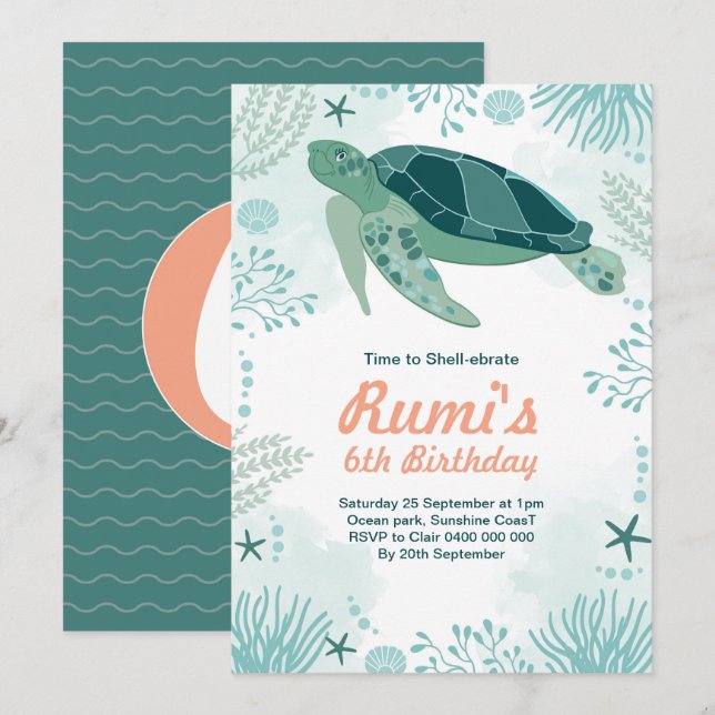 Turtle Ocean Under the Sea Theme birthday Invitation (Front/Back)