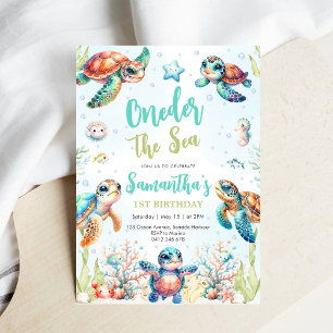 Turtle Oneder The Sea 1st Birthday Invitation