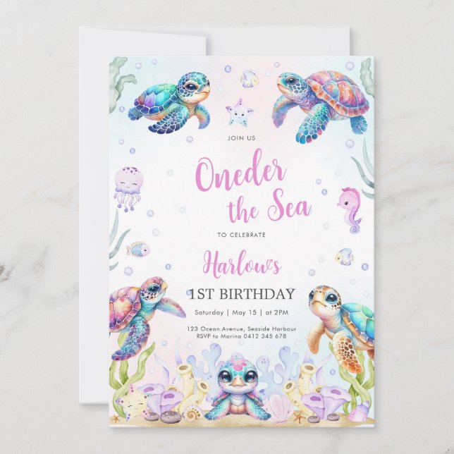 Turtle Oneder The Sea 1st Birthday Invitation (Front)