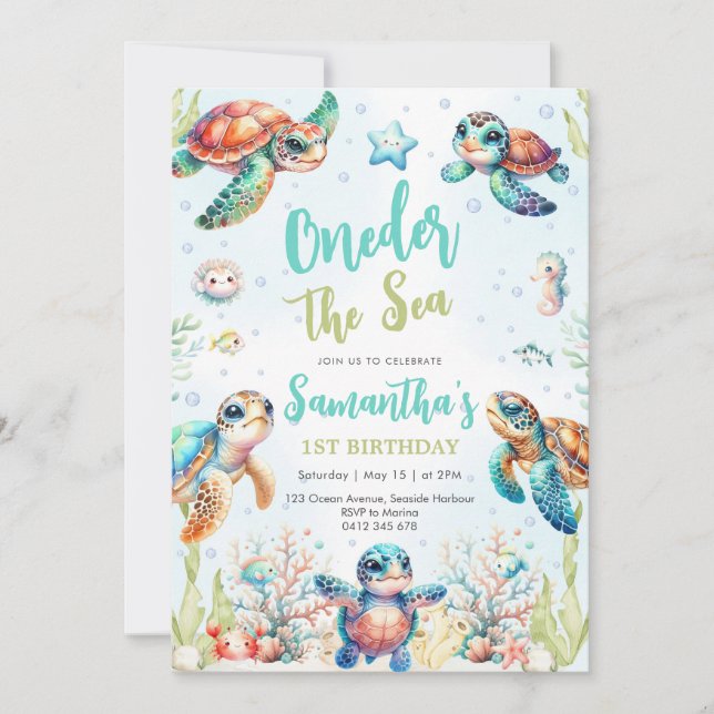 Turtle Oneder The Sea 1st Birthday Invitation (Front)