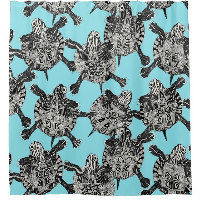 turtle party aqua blue shower curtain (Front)