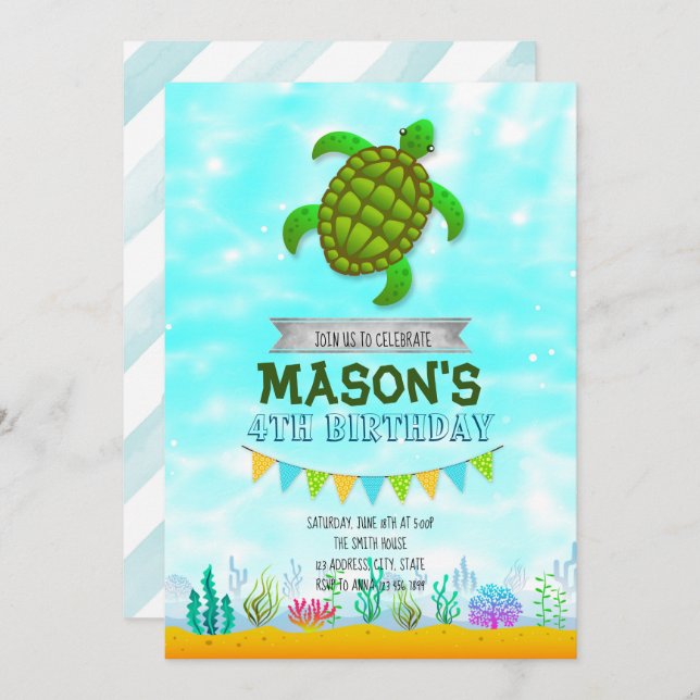 Turtle Party birthday invitation (Front/Back)