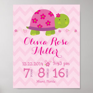 Turtle Pink Personalised Birth Stats Announcement Poster