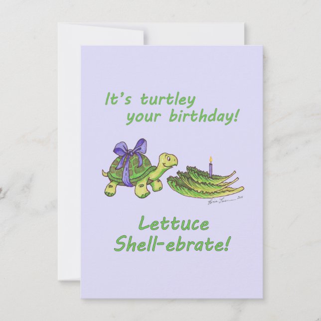 Turtle pun birthday card with lettuce and candle (Front)