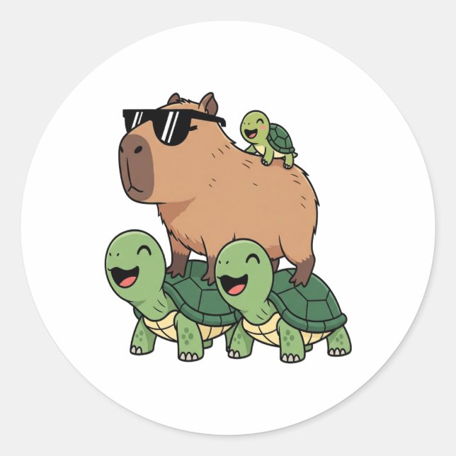 Turtle Ride Capybara, Funny Capybara Classic Round Sticker (Front)
