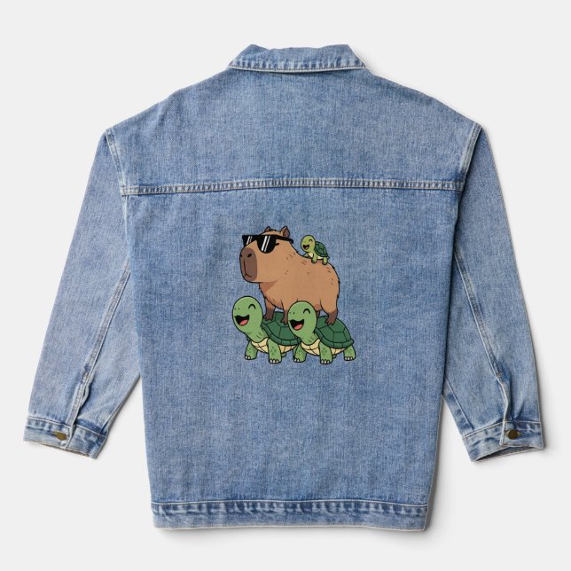 Turtle Ride Capybara, Funny Capybara Denim Jacket (Back)