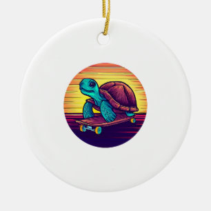 Turtle rides on a skateboard Sunset Ceramic Ornament