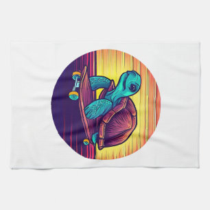 Turtle rides on a skateboard Sunset Tea Towel