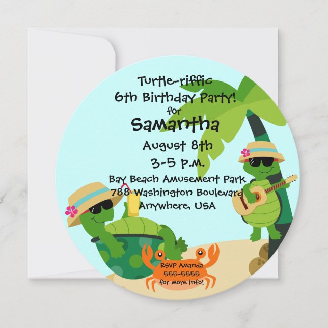 Turtle-riffic Party Round Birthday Invitation (Front)