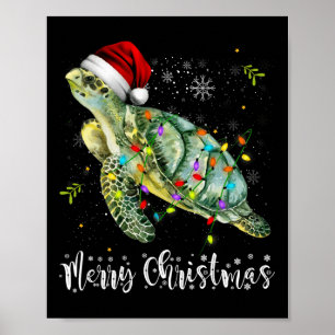 Turtle Santa Hat Merry Christmas Lights Xmas Holid Poster