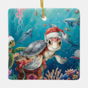 Turtle Santa Hat Under the Sea Christmas Party Ceramic Ornament