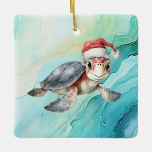 Turtle Santa Hat Under the Sea Christmas Party Ceramic Ornament