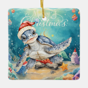 Turtle Santa Hat Under the Sea Christmas Party  Ceramic Ornament