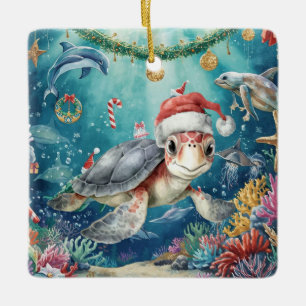 Turtle Santa Hat Under the Sea Christmas Party Ceramic Ornament