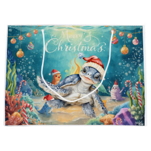 Turtle Santa Hat Under the Sea Christmas Party  Large Gift Bag
