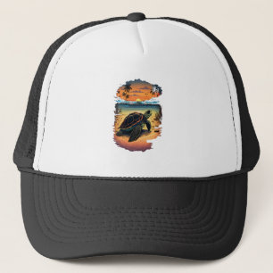 Turtle Sea Ocean Seashore Tropical Beach Sunset Co Trucker Hat