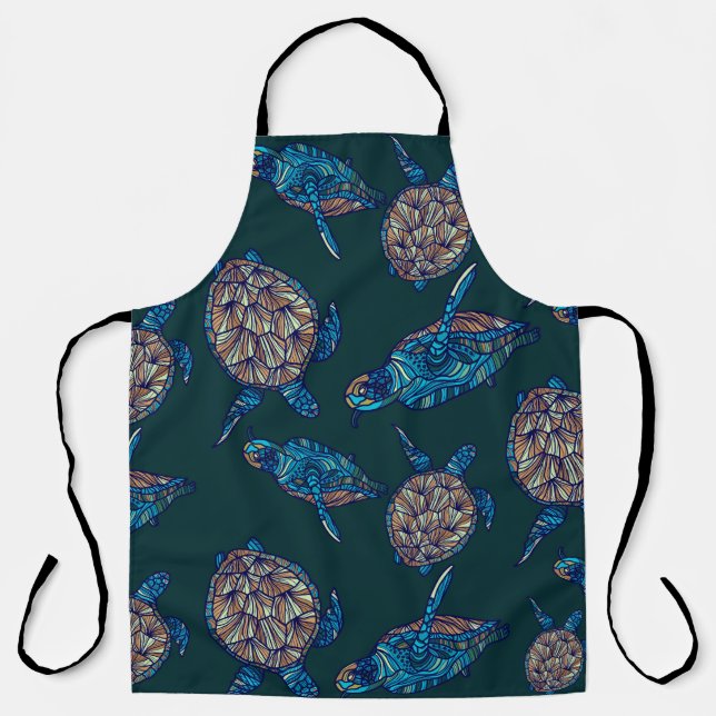 Turtle seamless pattern on dark background. illust apron (Front)