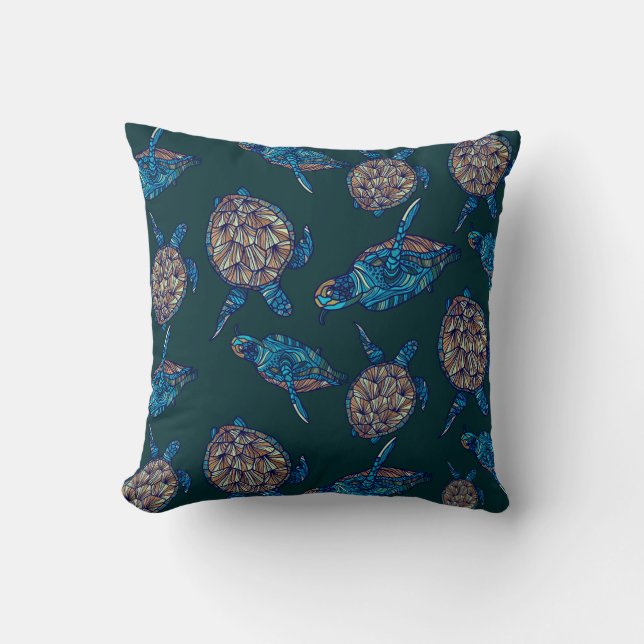 Turtle seamless pattern on dark background. illust cushion (Front)