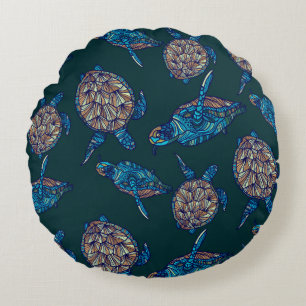 Turtle seamless pattern on dark background. illust round cushion