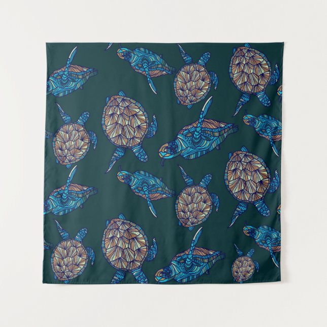Turtle seamless pattern on dark background. illust tapestry (Front)