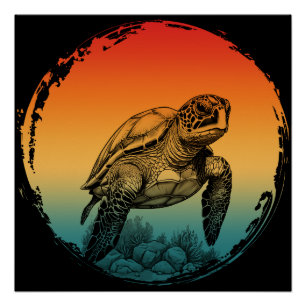 turtle summer ocean sunset poster