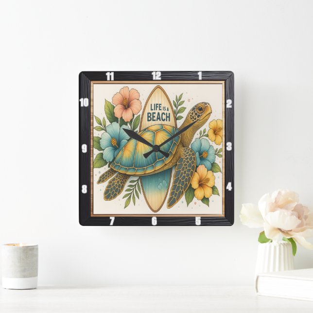 Turtle Surfboard Beach Life Square Wall Clock (Home)