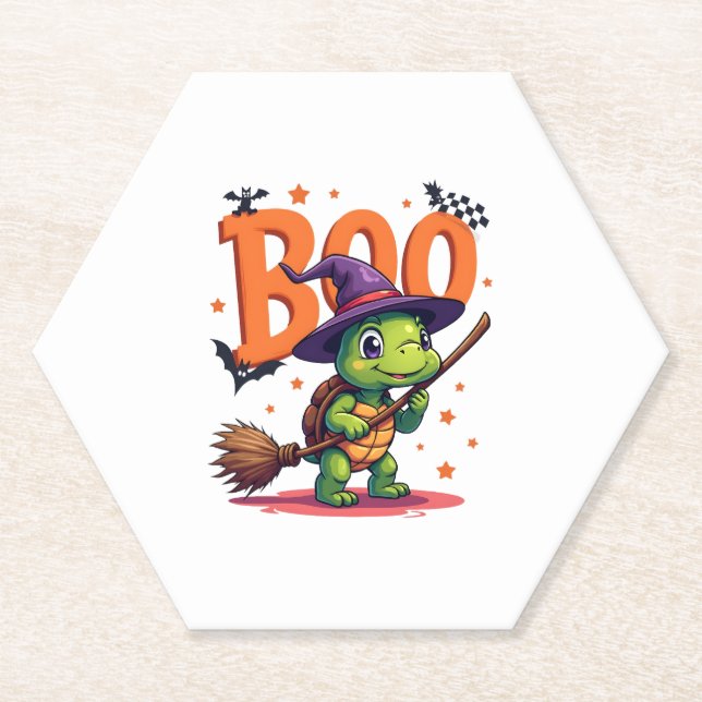 Turtle Tortoise Boo Witch Trick Or Treat Halloween Paper Coaster (Front)