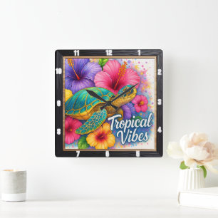 Turtle Tropical Vibes Art Square Wall Clock