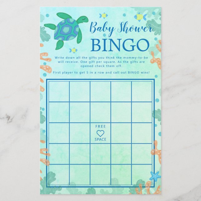 Turtle Under The Sea Baby Shower Bingo Game (Front)