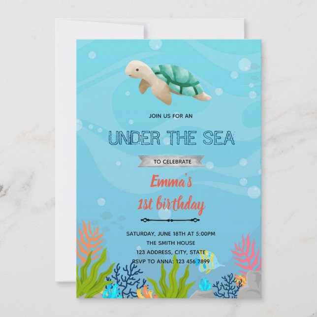 Turtle under the sea birthday  invitation (Front)