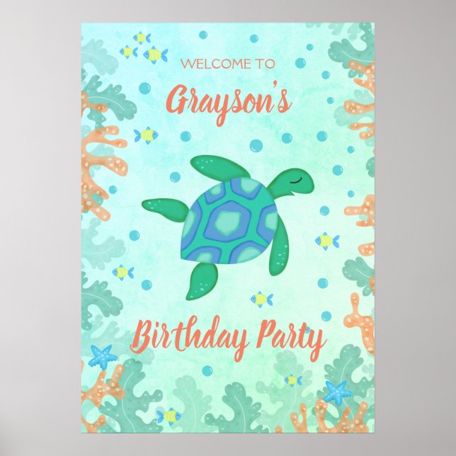 Turtle Under The Sea Birthday Party Poster (Front)