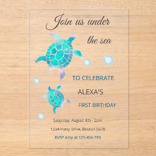 Turtle Under The Sea Watercolor  1st Birthday  Acrylic Invitations