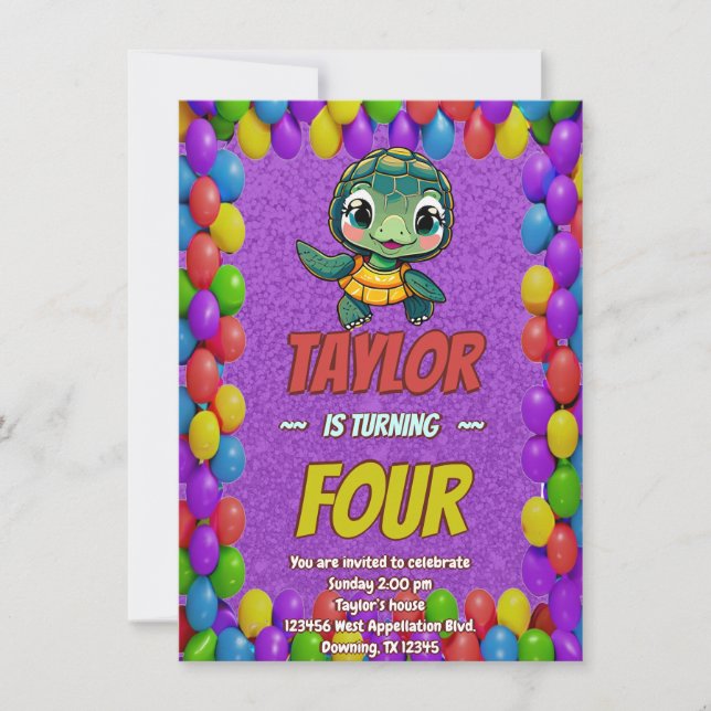 Turtle Unique Personalised Birthday Invite Kids (Front)