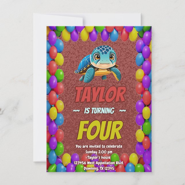 Turtle Unique  Personalised Birthday Invite Kids (Front)