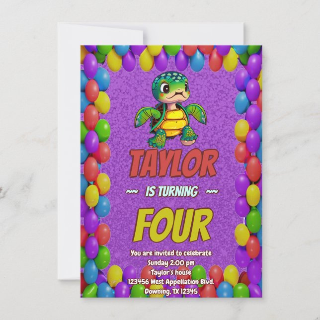 Turtle Unique Personalised Birthday Invite Kids (Front)