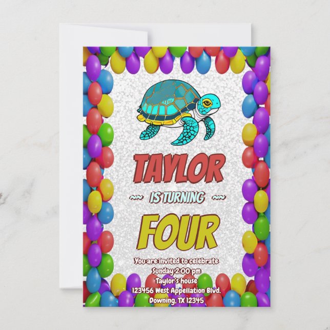 Turtle Unique Personalised Birthday Invite Kids (Front)