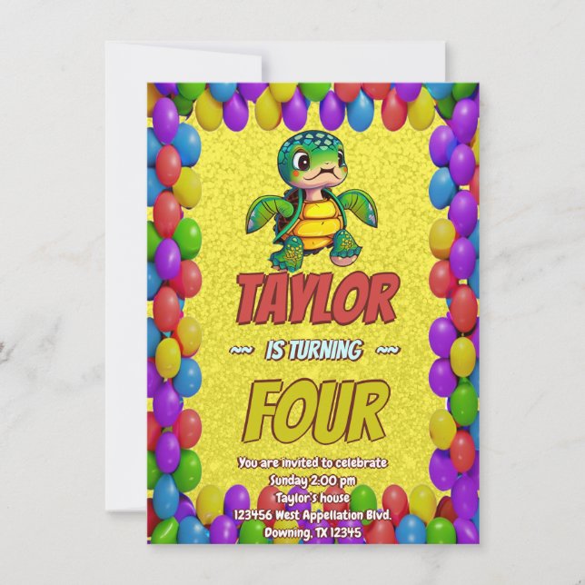 Turtle Unique  Personalised Birthday Invite Kids (Front)