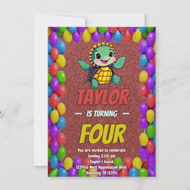 Turtle Unique  Personalised Birthday Invite Kids (Front)