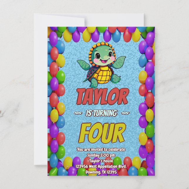 Turtle Unique Personalised Birthday Invite Kids (Front)