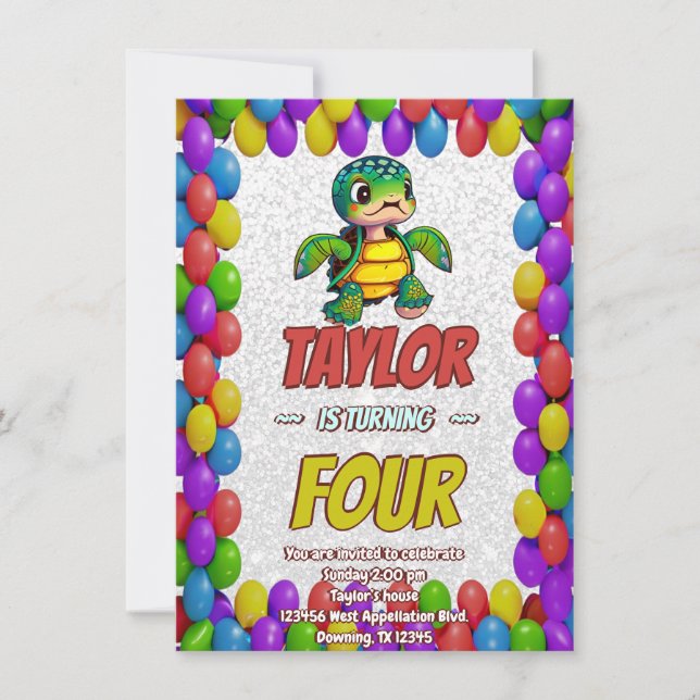 Turtle Unique Personalised Birthday Invite Kids (Front)