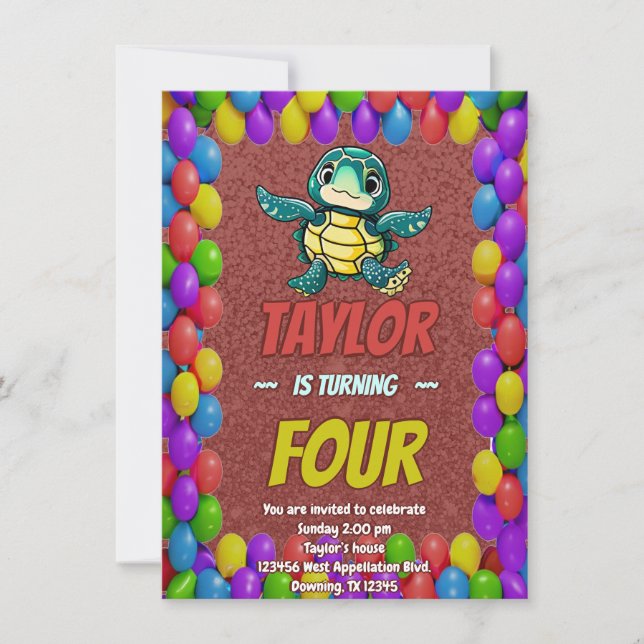 Turtle Unique  Personalised Birthday Invite Kids (Front)