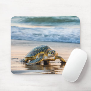 Turtle Walking On Wet Beach Sand Mouse Pad