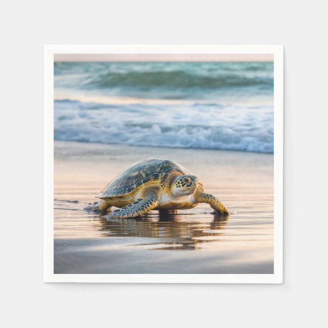 Turtle Walking On Wet Beach Sand Napkin (Front)