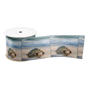 Turtle Walking On Wet Beach Sand Satin Ribbon