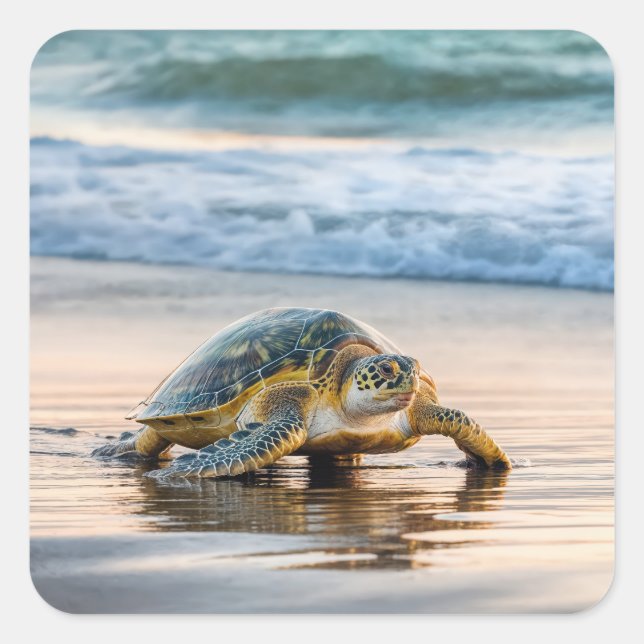 Turtle Walking On Wet Beach Sand Square Sticker (Front)