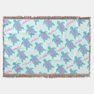 Turtle watercolor art name pattern aqua throw blanket