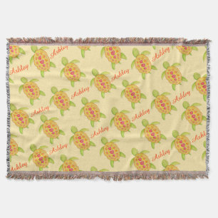 Turtle watercolor art name pattern yellow throw blanket